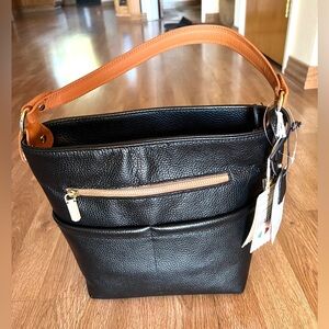 NWT Valentina Black and Tan Genuine Leather Bucket Shoulder Bag